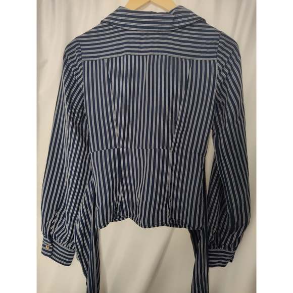 Maeve Anthro Surplice Long Sleeve Oxford Stripe Collared V-Neck Wrap Top US 0 - Picture 3 of 6